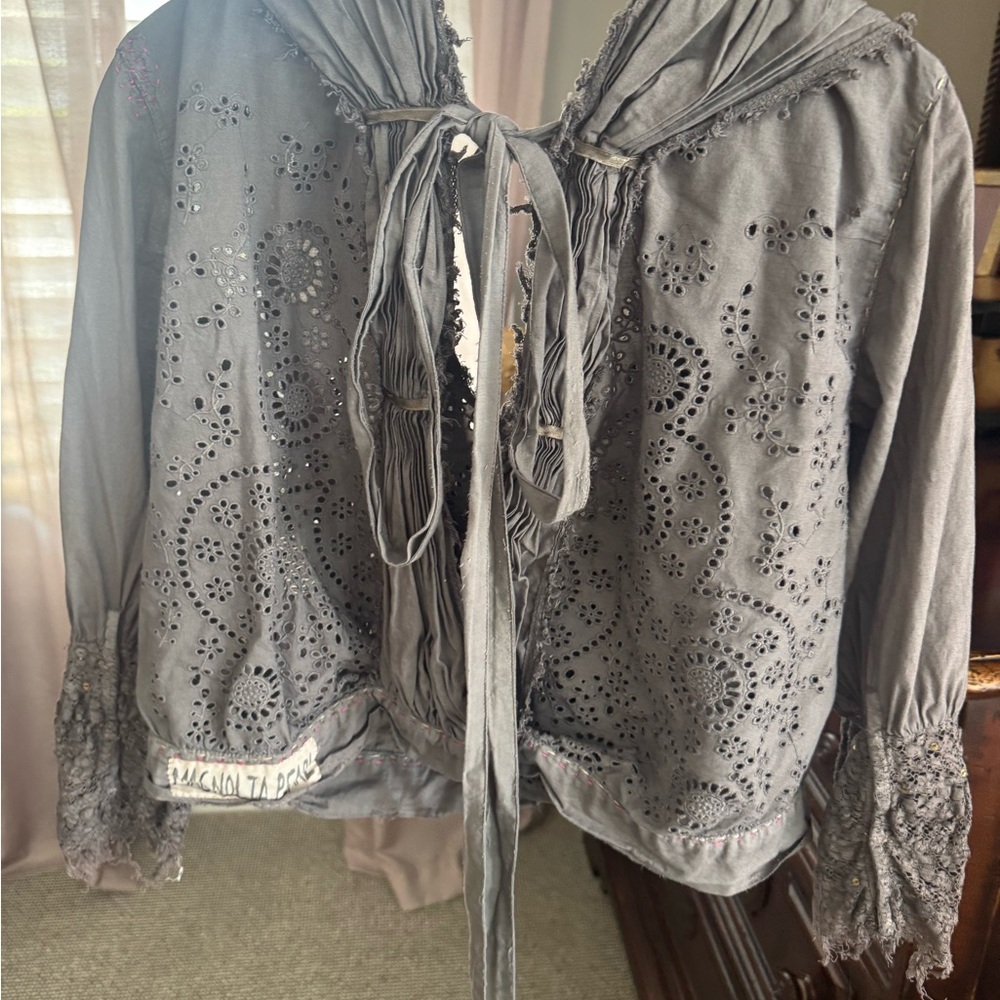 Magnolia Pearl Gray Eyelet Tie-Front Blouse